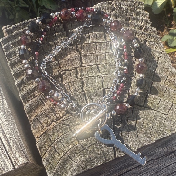 Veil Jewelry - Forbidden Fruit #8 Garnet & Onyx Triple Layered Draped Key Bracelet